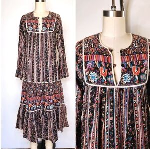 70s Indian Dress Cotton Quilted Details Block Print Floral Ethnic Boho XS S